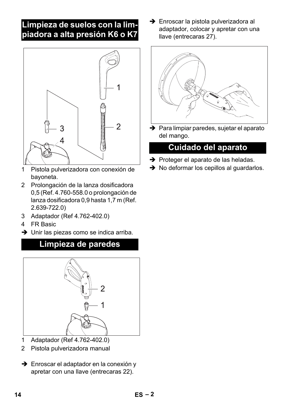 Limpieza de paredes, Cuidado del aparato | Karcher HD 5-15 C + FR User Manual | Page 14 / 60