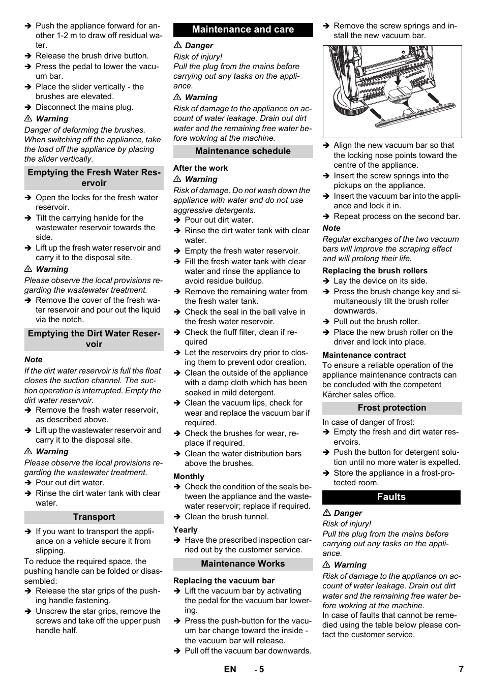 Maintenance and care, Faults | Karcher BR 40-10 C ADV User Manual | Page 7 / 28