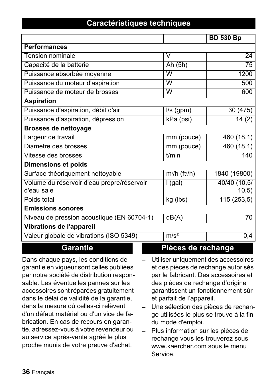 Caractéristiques techniques, Garantie pièces de rechange | Karcher BD 530 Bp User Manual | Page 36 / 56