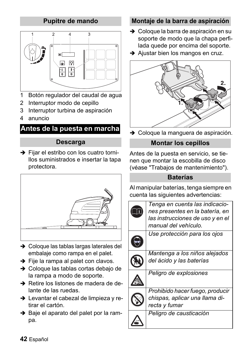 Antes de la puesta en marcha | Karcher BD 530 Bp User Manual | Page 42 / 56