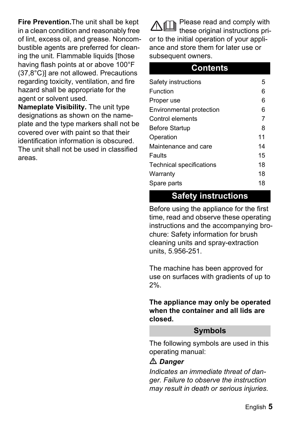 Contents safety instructions | Karcher BD 530 Bp User Manual | Page 5 / 56