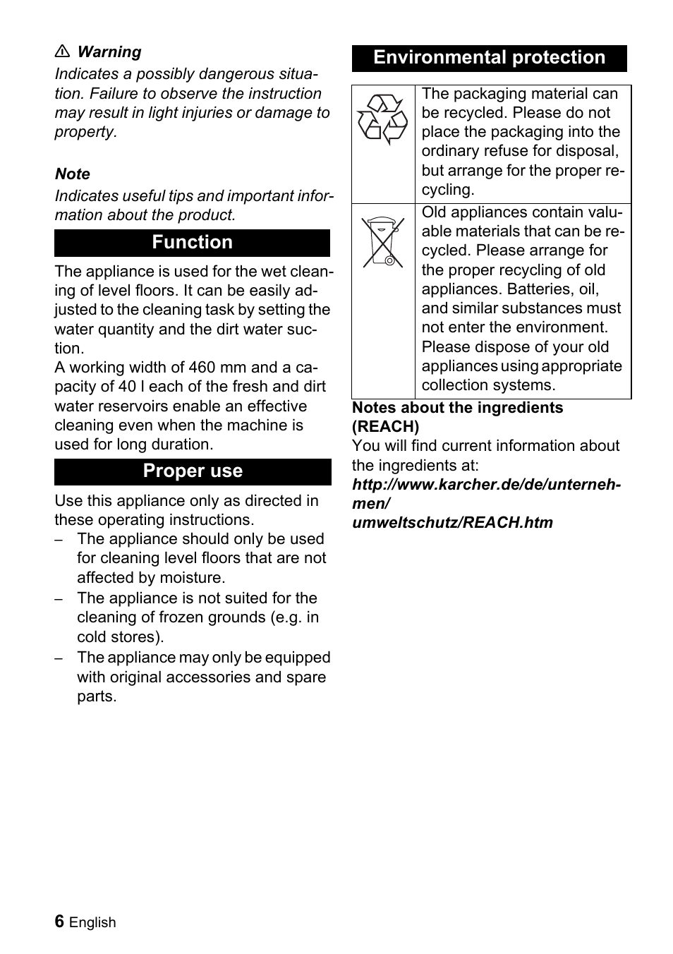 Function proper use environmental protection | Karcher BD 530 Bp User Manual | Page 6 / 56