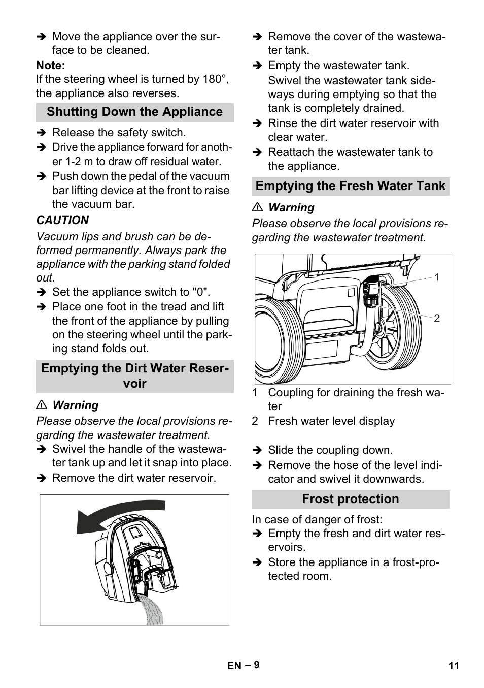 Shutting down the appliance, Emptying the dirt water reservoir, Emptying the fresh water tank | Frost protection | Karcher BR 35-12 Bp User Manual | Page 11 / 56