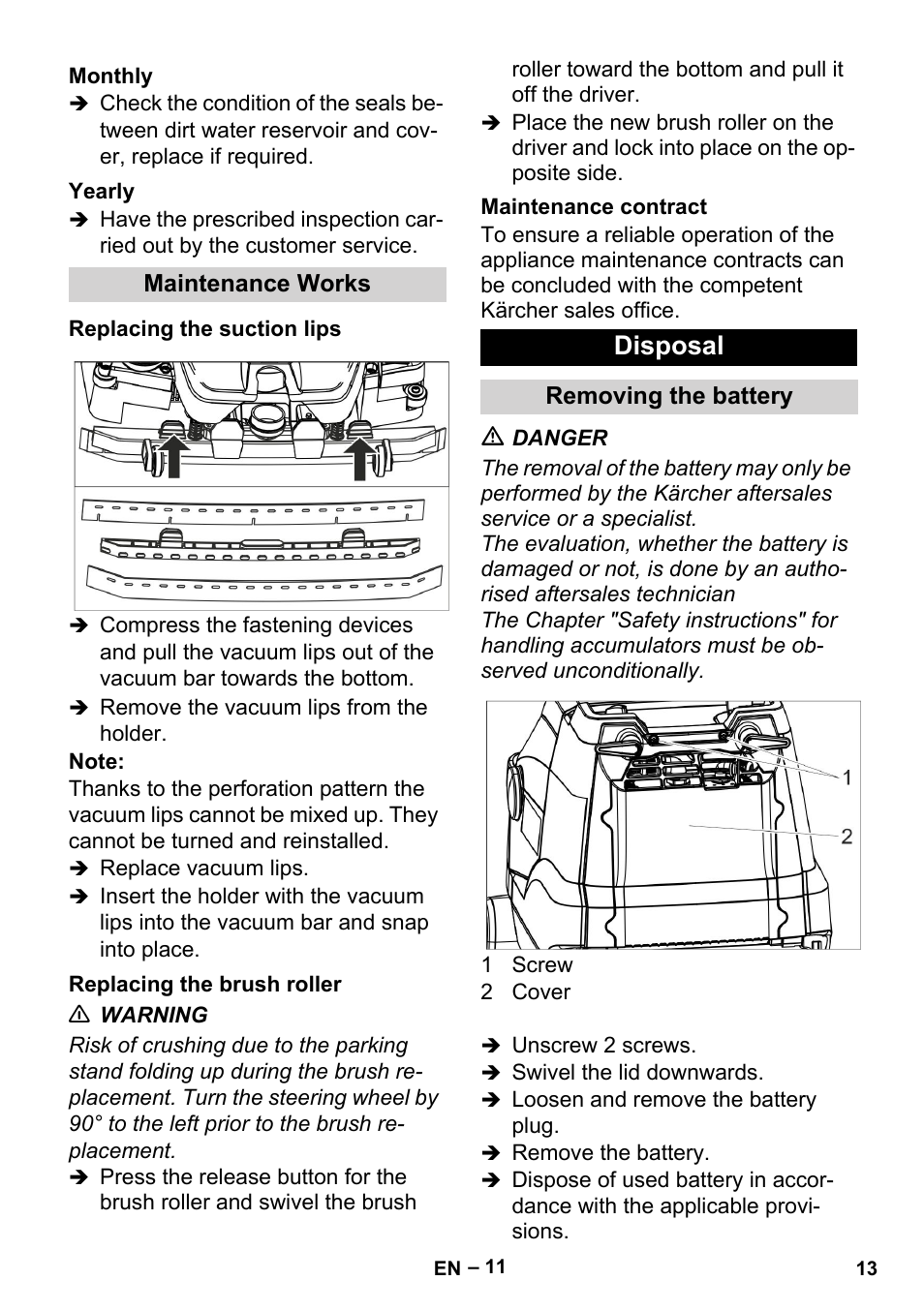 Monthly, Yearly, Maintenance works | Replacing the suction lips, Replacing the brush roller, Maintenance contract, Disposal, Removing the battery | Karcher BR 35-12 Bp User Manual | Page 13 / 56