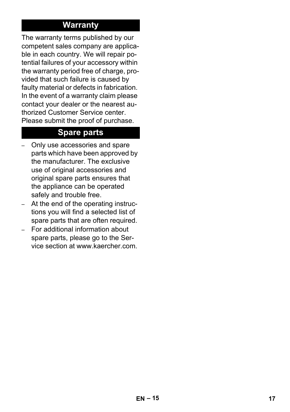 Warranty, Spare parts, Warranty spare parts | Karcher BR 35-12 Bp User Manual | Page 17 / 56