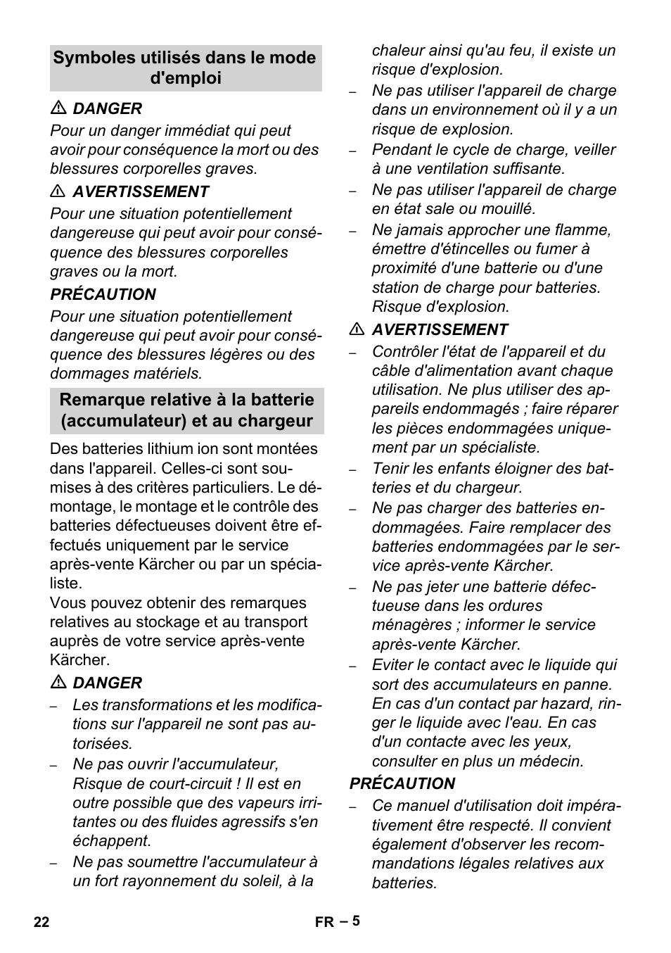 Symboles utilisés dans le mode d'emploi | Karcher BR 35-12 Bp User Manual | Page 22 / 56