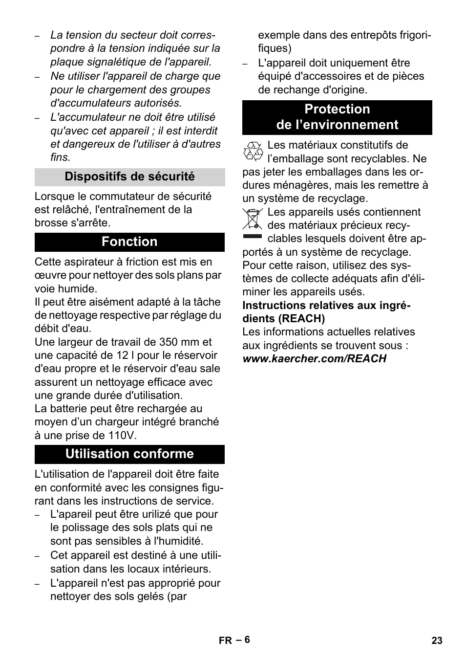 Dispositifs de sécurité, Fonction, Utilisation conforme | Protection de l’environnement | Karcher BR 35-12 Bp User Manual | Page 23 / 56