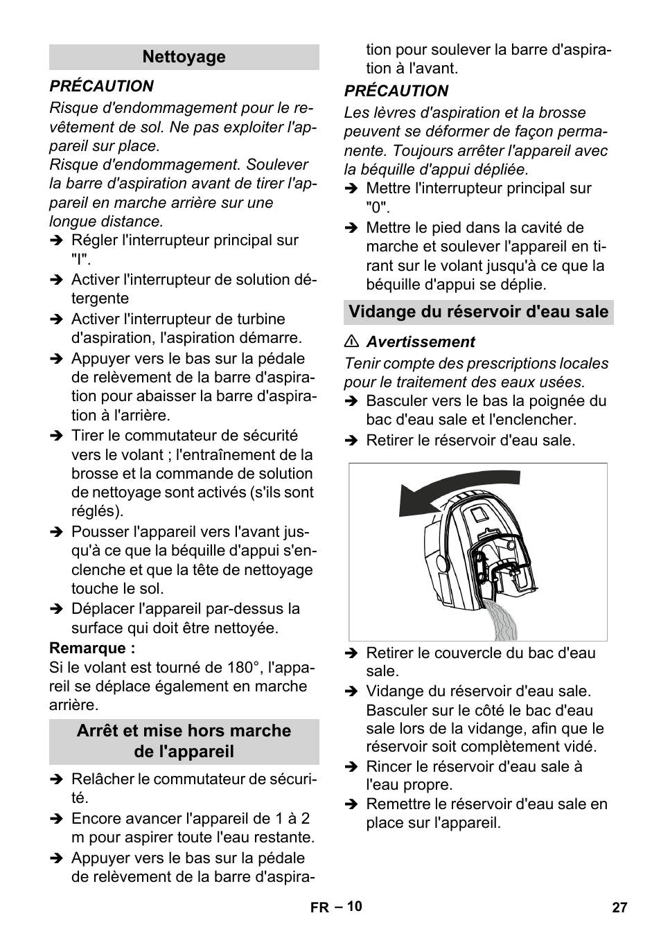 Nettoyage, Arrêt et mise hors marche de l'appareil, Vidange du réservoir d'eau sale | Karcher BR 35-12 Bp User Manual | Page 27 / 56