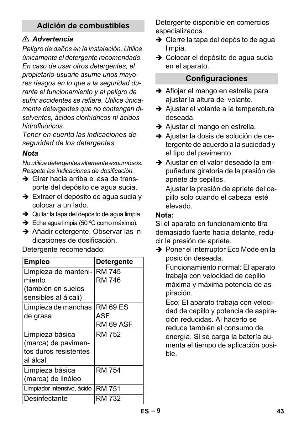 Adición de combustibles, Configuraciones | Karcher BR 35-12 Bp User Manual | Page 43 / 56