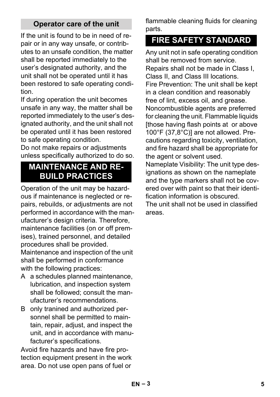 Operator care of the unit, Maintenance and rebuild practices, Fire safety standard | Karcher BR 35-12 Bp User Manual | Page 5 / 56