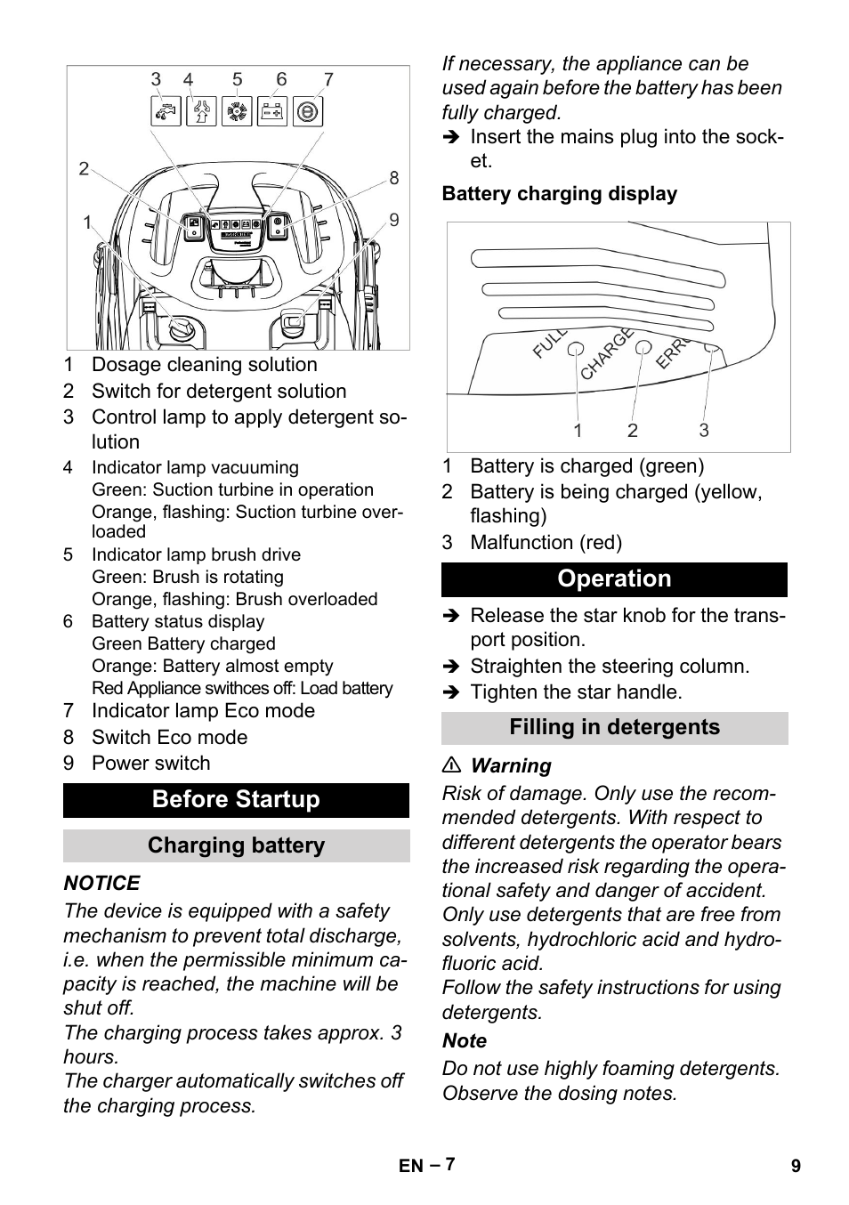 Before startup, Charging battery, Battery charging display | Operation, Filling in detergents | Karcher BR 35-12 Bp User Manual | Page 9 / 56