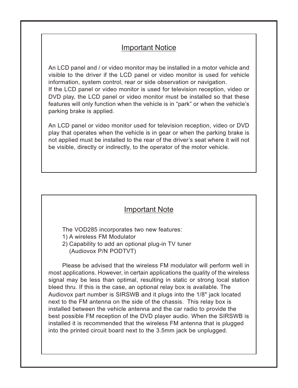 Important notice | Audiovox VOD285S User Manual | Page 2 / 12