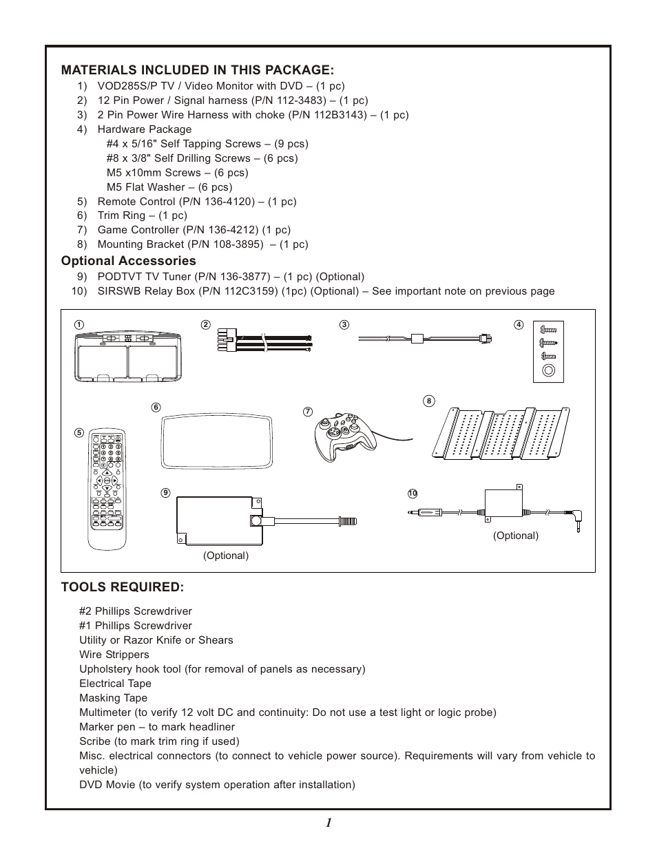 1materials included in this package, Optional accessories, Tools required | Audiovox VOD285S User Manual | Page 3 / 12