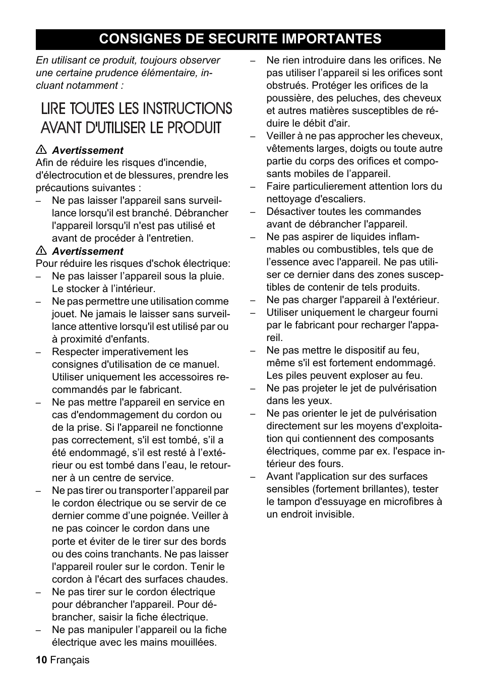 Consignes de securite im, Portantes, Consignes de securite importantes | Karcher WV 50 Plus User Manual | Page 10 / 28