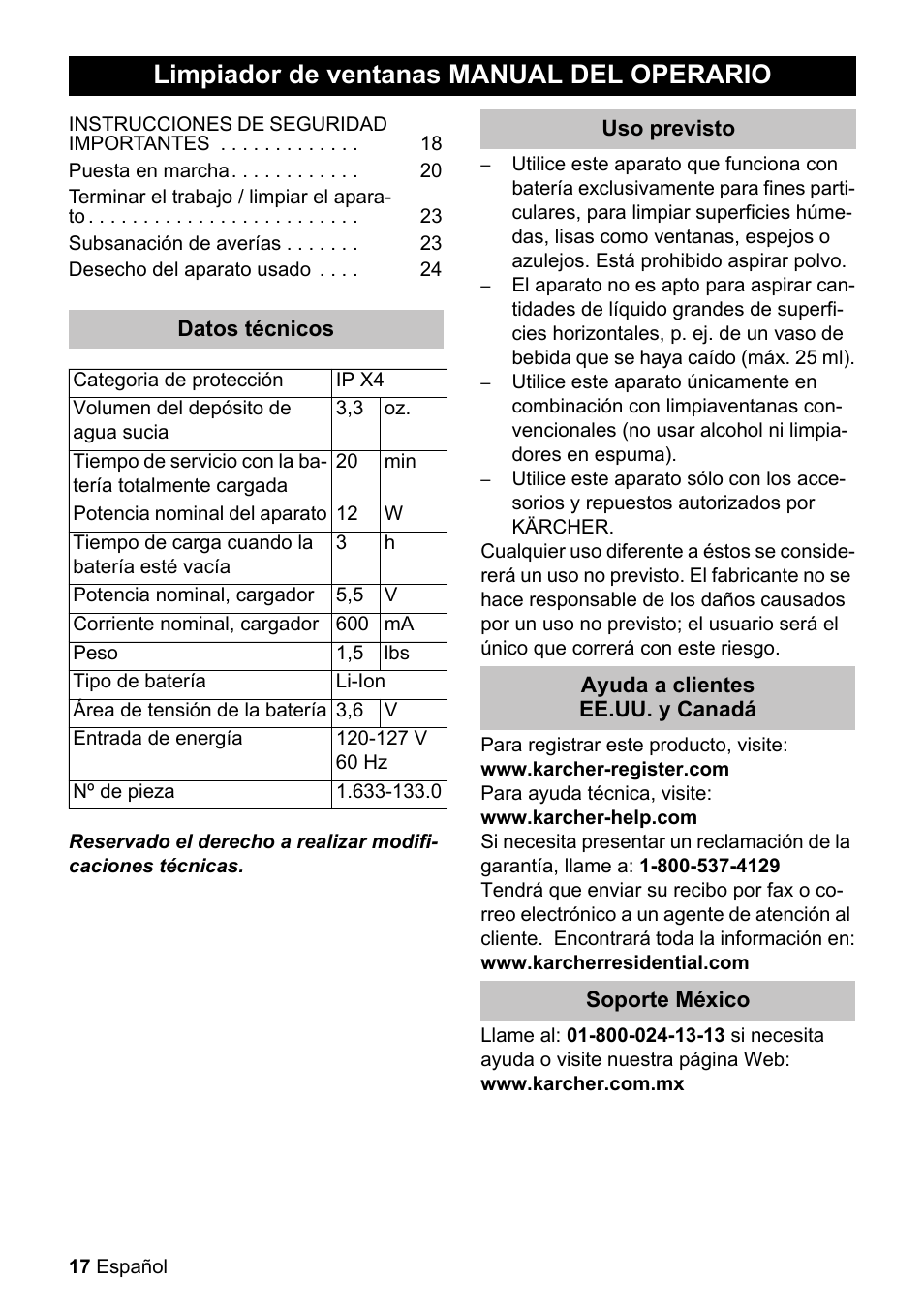 Limpiador de ventanas manual del operario | Karcher WV 50 Plus User Manual | Page 17 / 28