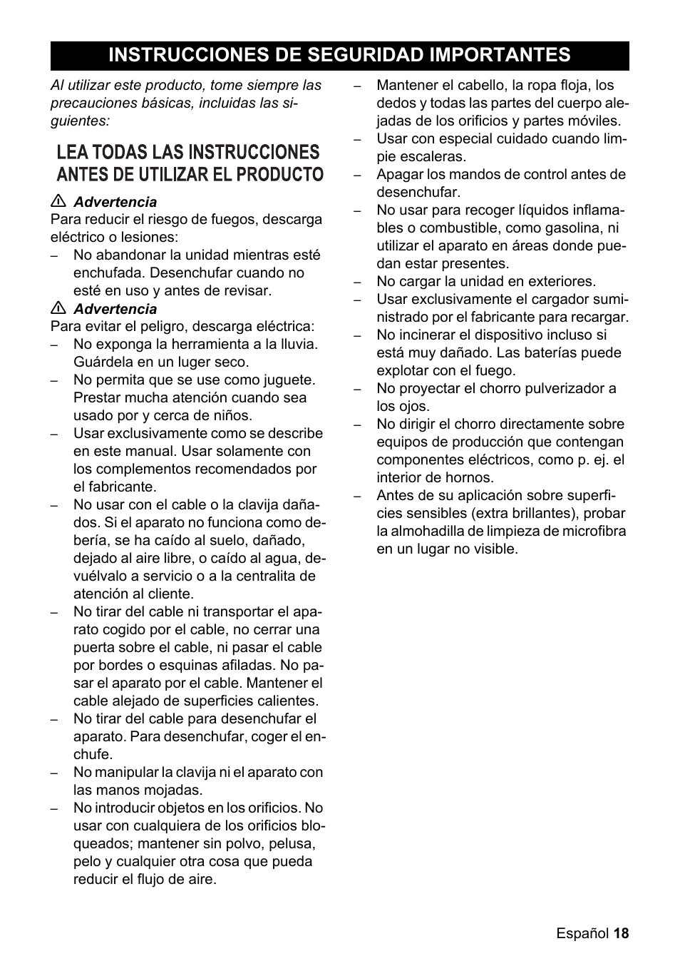 Instrucciones de seguridad, Importantes, Instrucciones de seguridad importantes | Karcher WV 50 Plus User Manual | Page 18 / 28