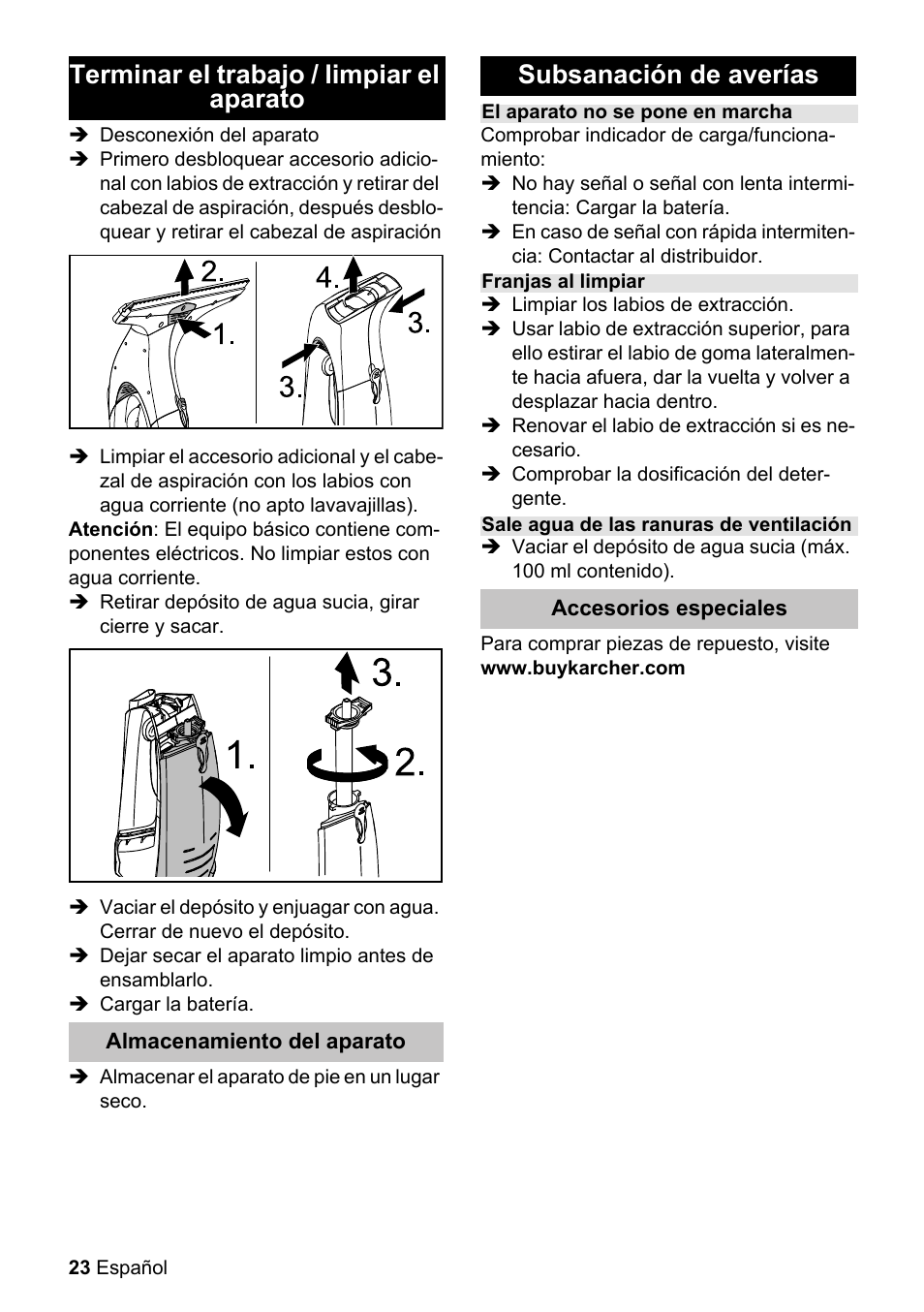 Terminar el trabajo / limpiar el apara, Subsanación de averías, Terminar el trabajo / limpiar el aparato | Karcher WV 50 Plus User Manual | Page 23 / 28