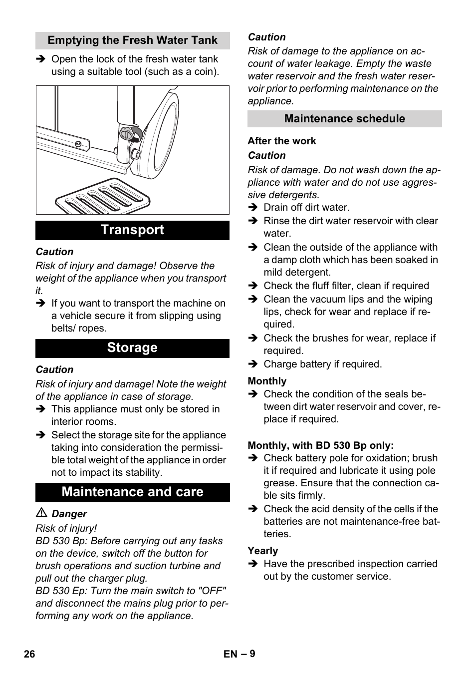 Transport storage maintenance and care | Karcher BD 530 Bp User Manual | Page 26 / 124