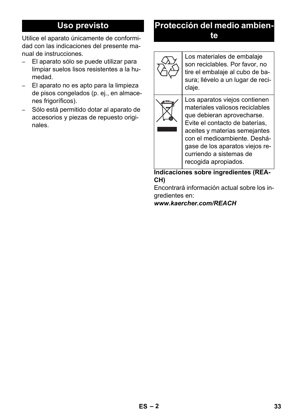 Uso previsto protección del medio ambien- te | Karcher BD 530 Bp User Manual | Page 33 / 124