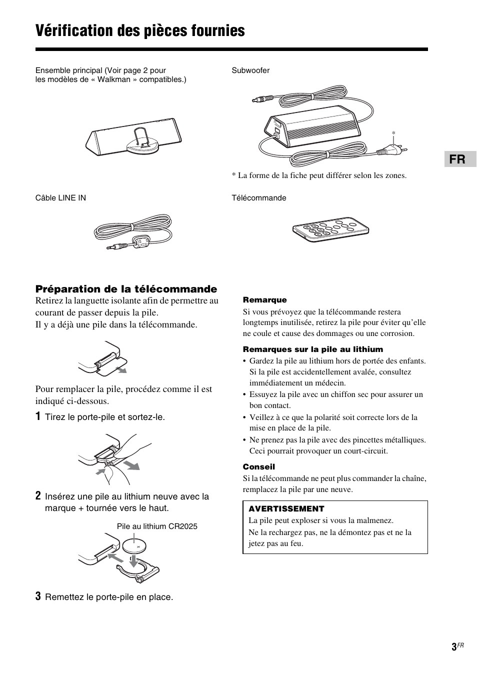 Vérification des pièces fournies | Sony CPF-NW001 User Manual | Page 11 / 100
