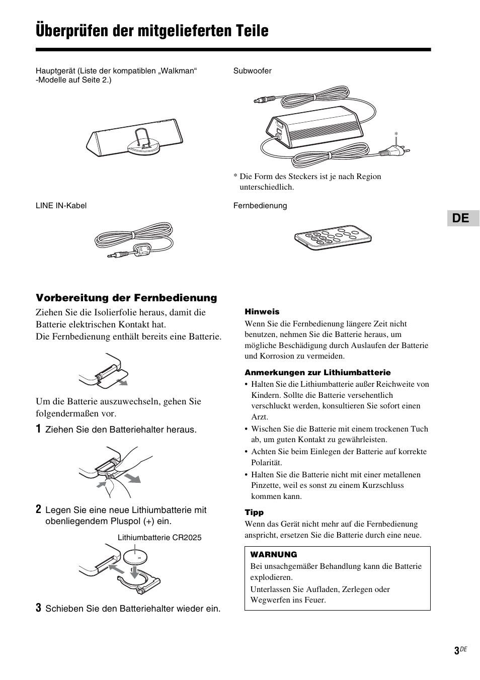 Überprüfen der mitgelieferten teile | Sony CPF-NW001 User Manual | Page 27 / 100