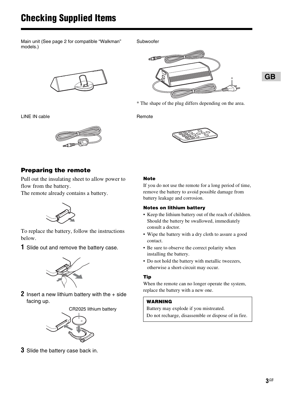 Checking supplied items | Sony CPF-NW001 User Manual | Page 3 / 100