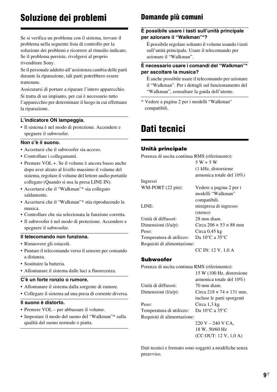 Soluzione dei problemi, Dati tecnici, Domande più comuni | Sony CPF-NW001 User Manual | Page 49 / 100