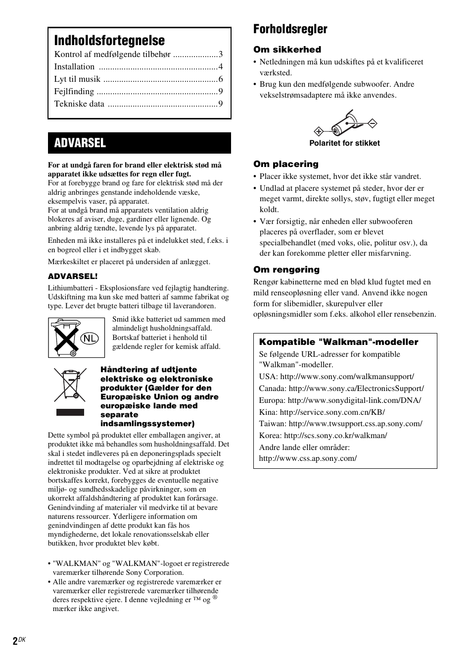 Indholdsfortegnelse, Forholdsregler, Advarsel | Sony CPF-NW001 User Manual | Page 66 / 100