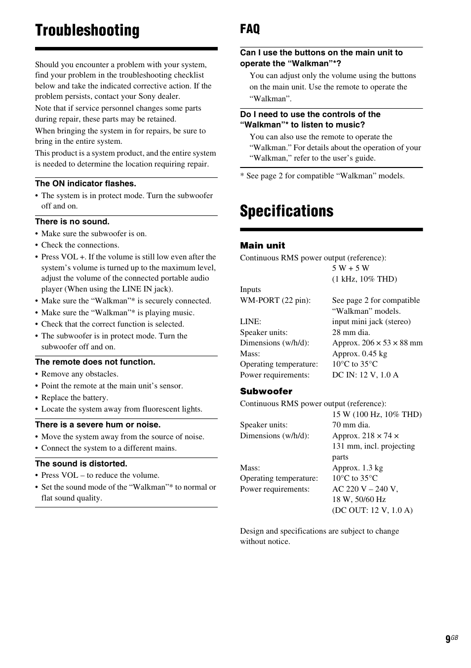 Troubleshooting, Specifications | Sony CPF-NW001 User Manual | Page 9 / 100
