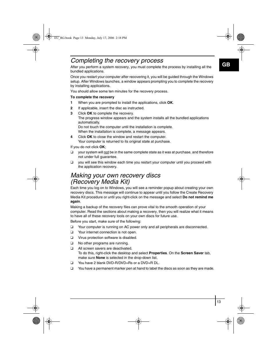 Completing the recovery process, Making your own recovery discs, Recovery media kit) | Sony VGN-SZ3XRP User Manual | Page 15 / 80