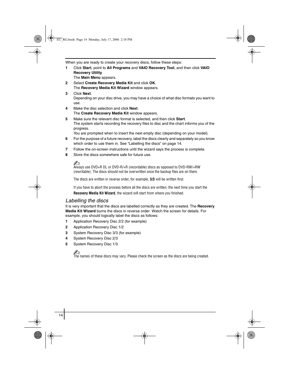 Labelling the discs | Sony VGN-SZ3XRP User Manual | Page 16 / 80