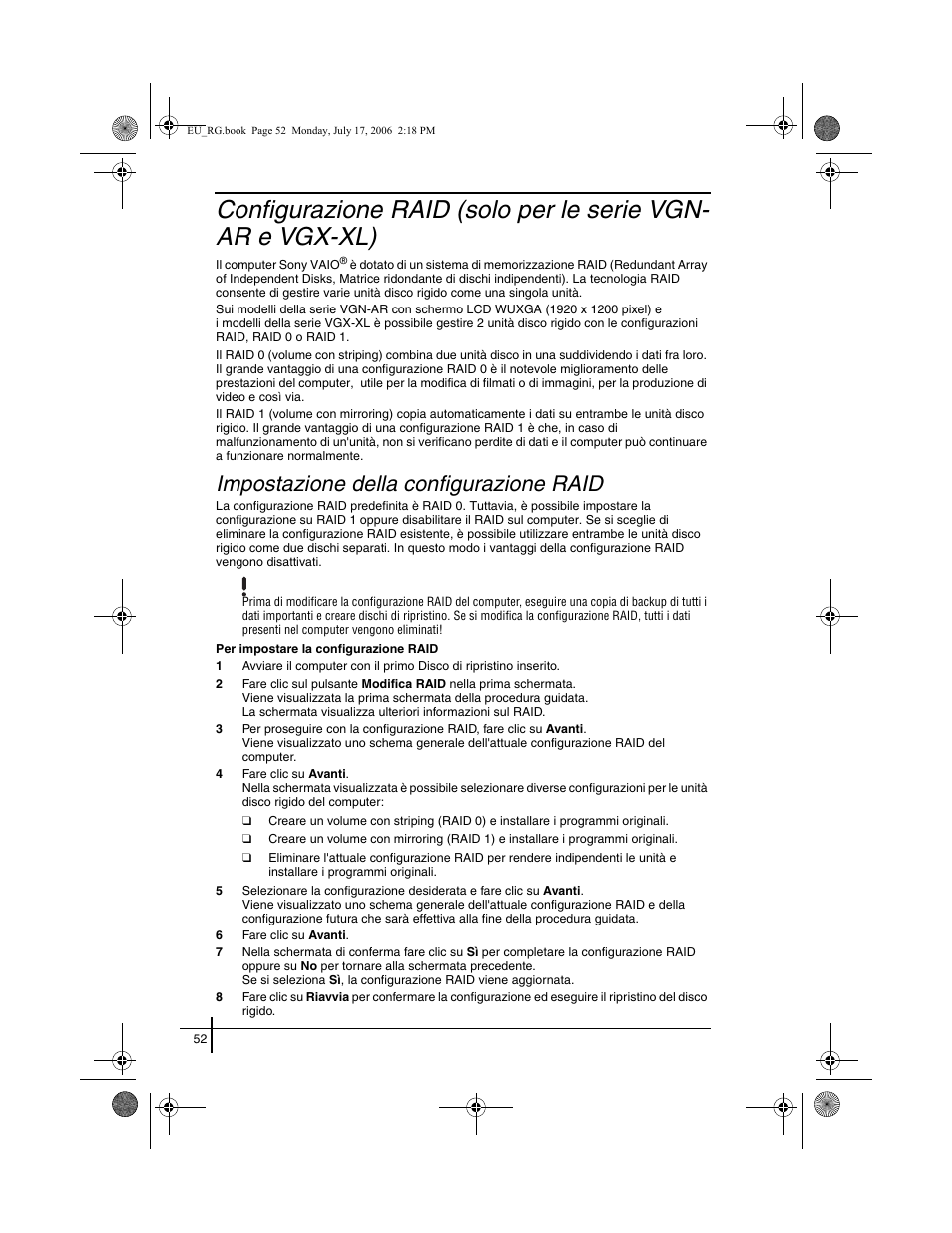 Impostazione della configurazione raid | Sony VGN-SZ3XRP User Manual | Page 54 / 80