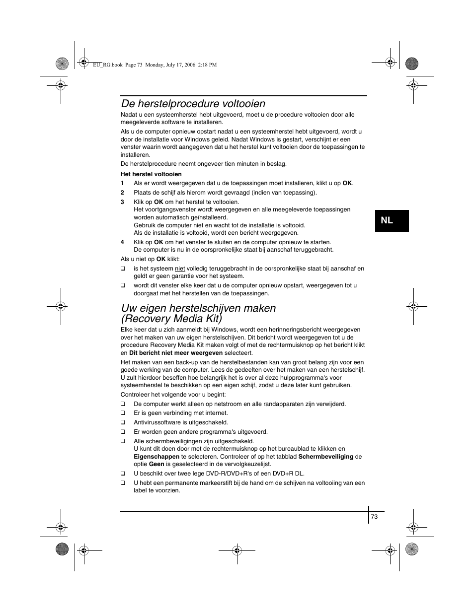 De herstelprocedure voltooien, Uw eigen herstelschijven maken, Recovery media kit) | Sony VGN-SZ3XRP User Manual | Page 75 / 80