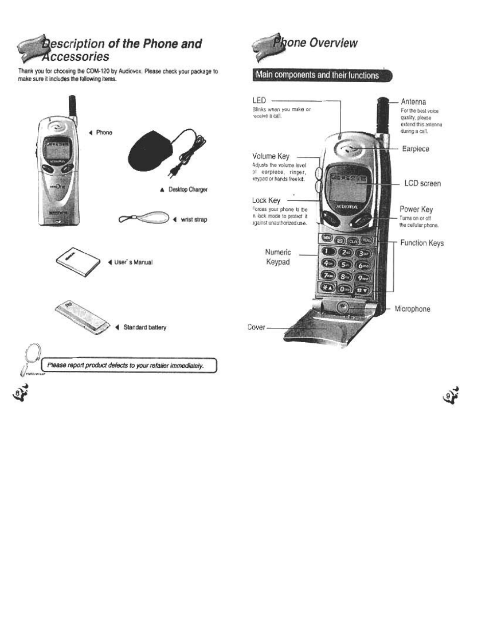 Escription of the phone and, Numerii, Keypad | Lcd screen, Description of the phone and accessories, Escription of the phone and ccessones, One overview | Audiovox CDM120 User Manual | Page 5 / 41