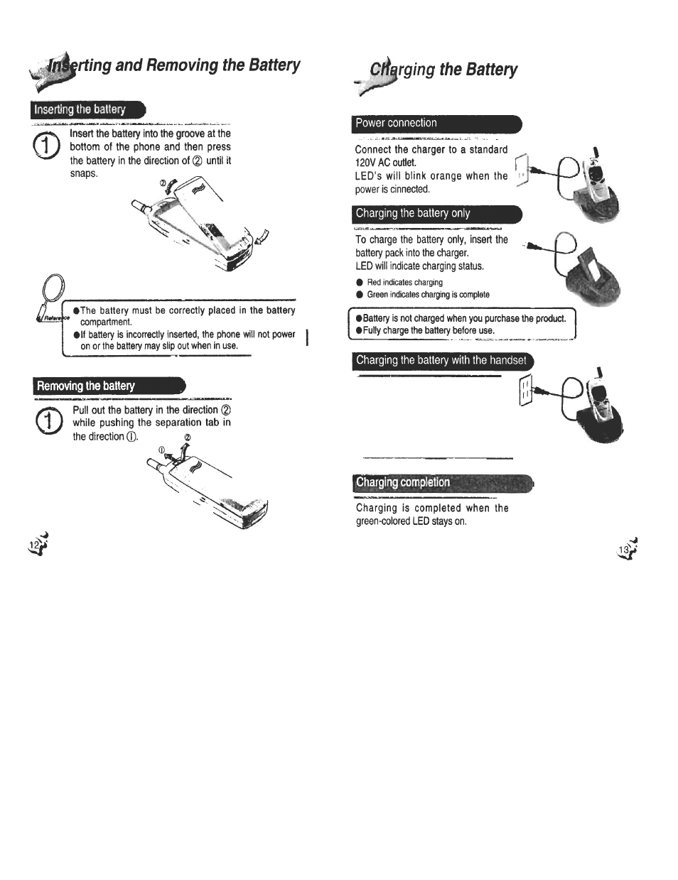 Rting and removing the battery, Cfiarging the battery, Inserting and removing the battery | Inserting the battery | Audiovox CDM120 User Manual | Page 7 / 41