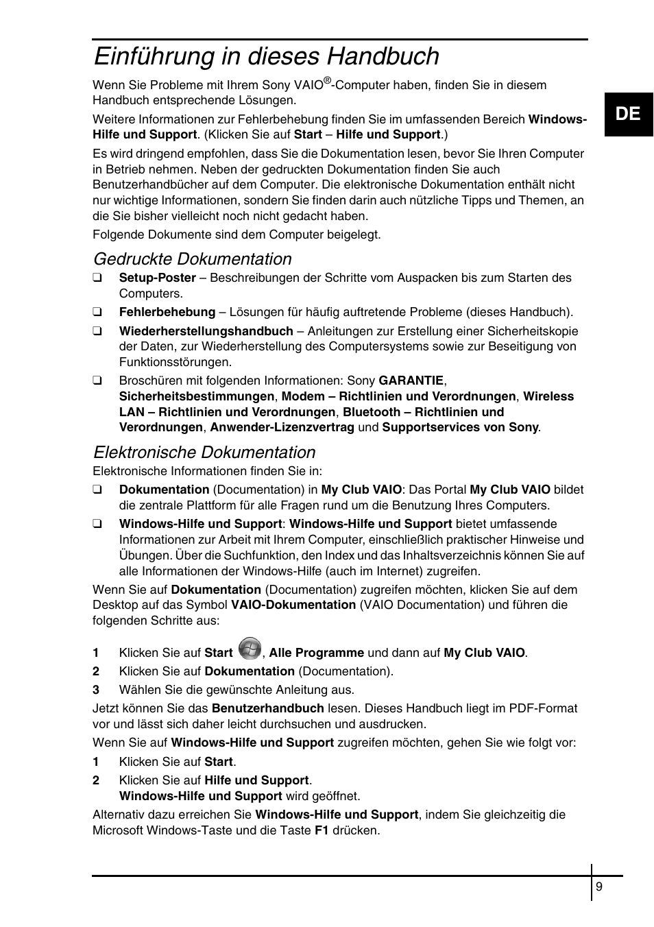 Einführung in dieses handbuch, Gedruckte dokumentation, Elektronische dokumentation | Sony VGN-SZ62WN User Manual | Page 11 / 40