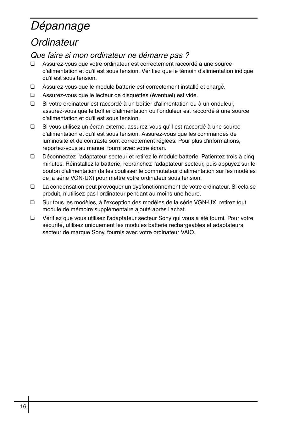Dépannage, Ordinateur, Que faire si mon ordinateur ne démarre pas | Sony VGN-SZ62WN User Manual | Page 18 / 40