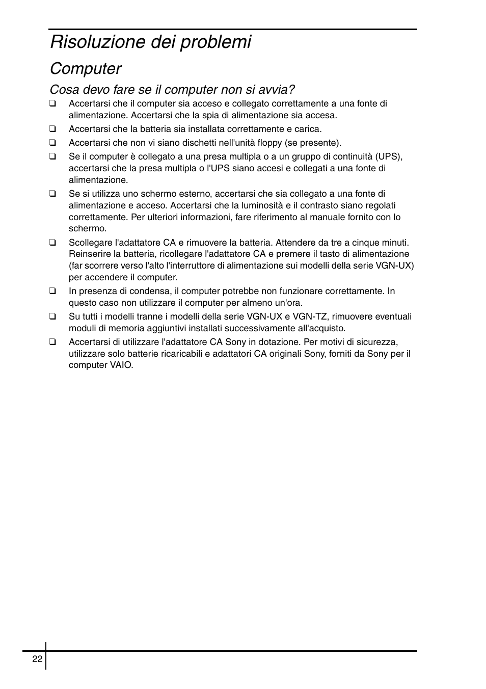 Risoluzione dei problemi, Computer, Cosa devo fare se il computer non si avvia | Sony VGN-SZ62WN User Manual | Page 24 / 40