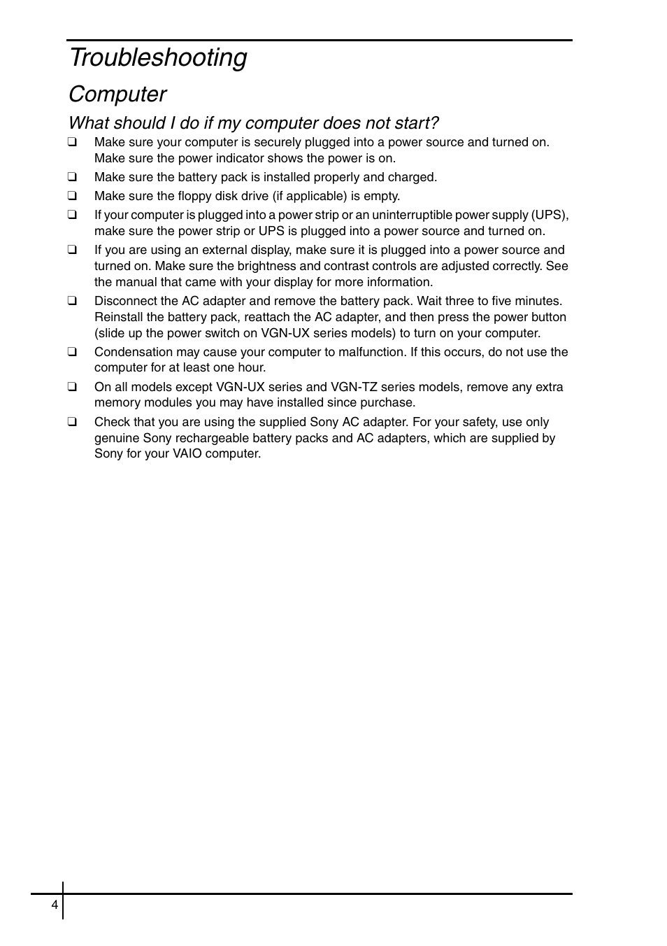 Troubleshooting, Computer, What should i do if my computer does not start | Sony VGN-SZ62WN User Manual | Page 6 / 40