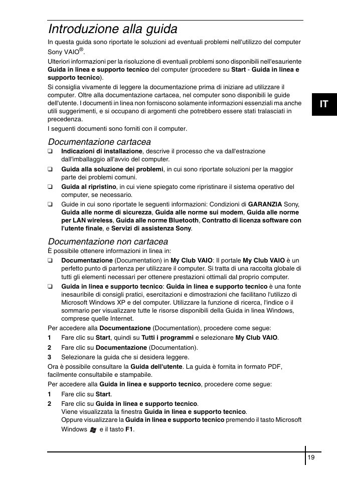 Introduzione alla guida, Documentazione cartacea, Documentazione non cartacea | Sony VGN-FE31ZR User Manual | Page 21 / 40
