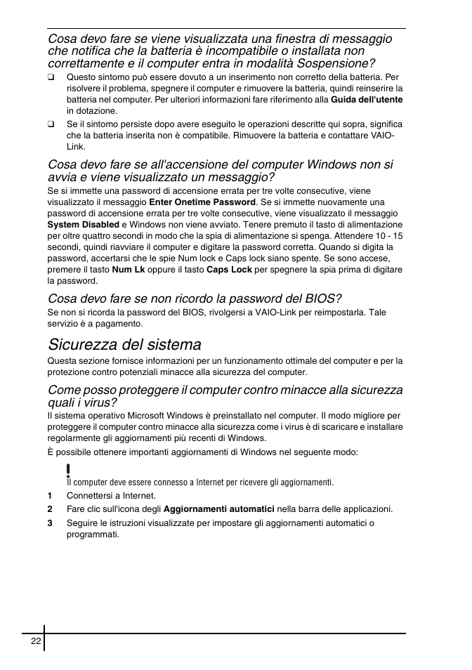 Sicurezza del sistema, Cosa devo fare se non ricordo la password del bios | Sony VGN-FE31ZR User Manual | Page 24 / 40
