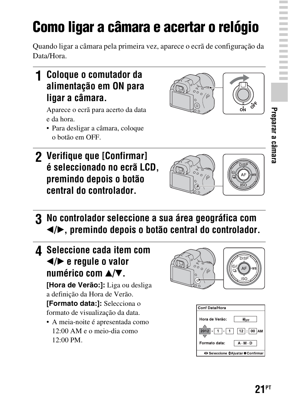 Como ligar a câmara e acertar o relógio | Sony SLT-A37 User Manual | Page 283 / 507
