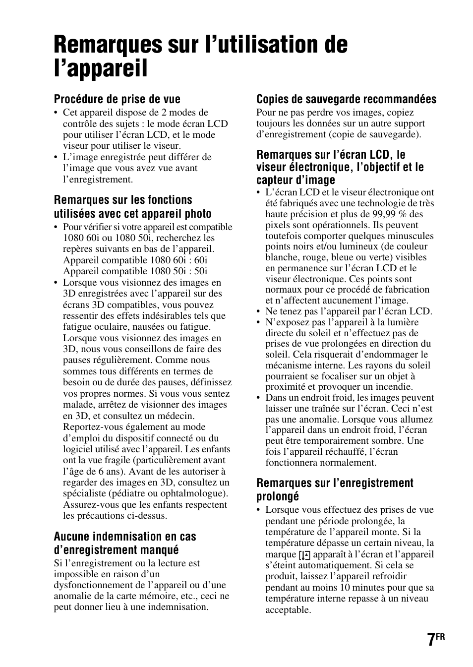 Remarques sur l’utilisation de l’appareil | Sony SLT-A37 User Manual | Page 59 / 507
