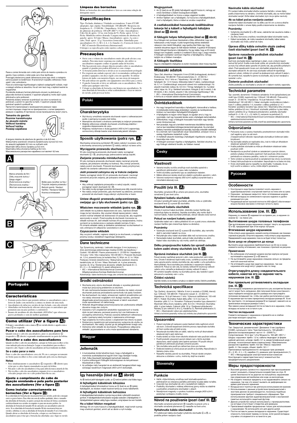 Especificações, Precauções, Polski charakterystyka | Sposób użytkowania (patrz rys. a ), Dane techniczne, Środki ostrożności, Magyar jellemzők, Így használja (lásd az a ábrát), Műszaki adatok, Óvintézkedések | Sony MDR-KX70LW User Manual | Page 2 / 2