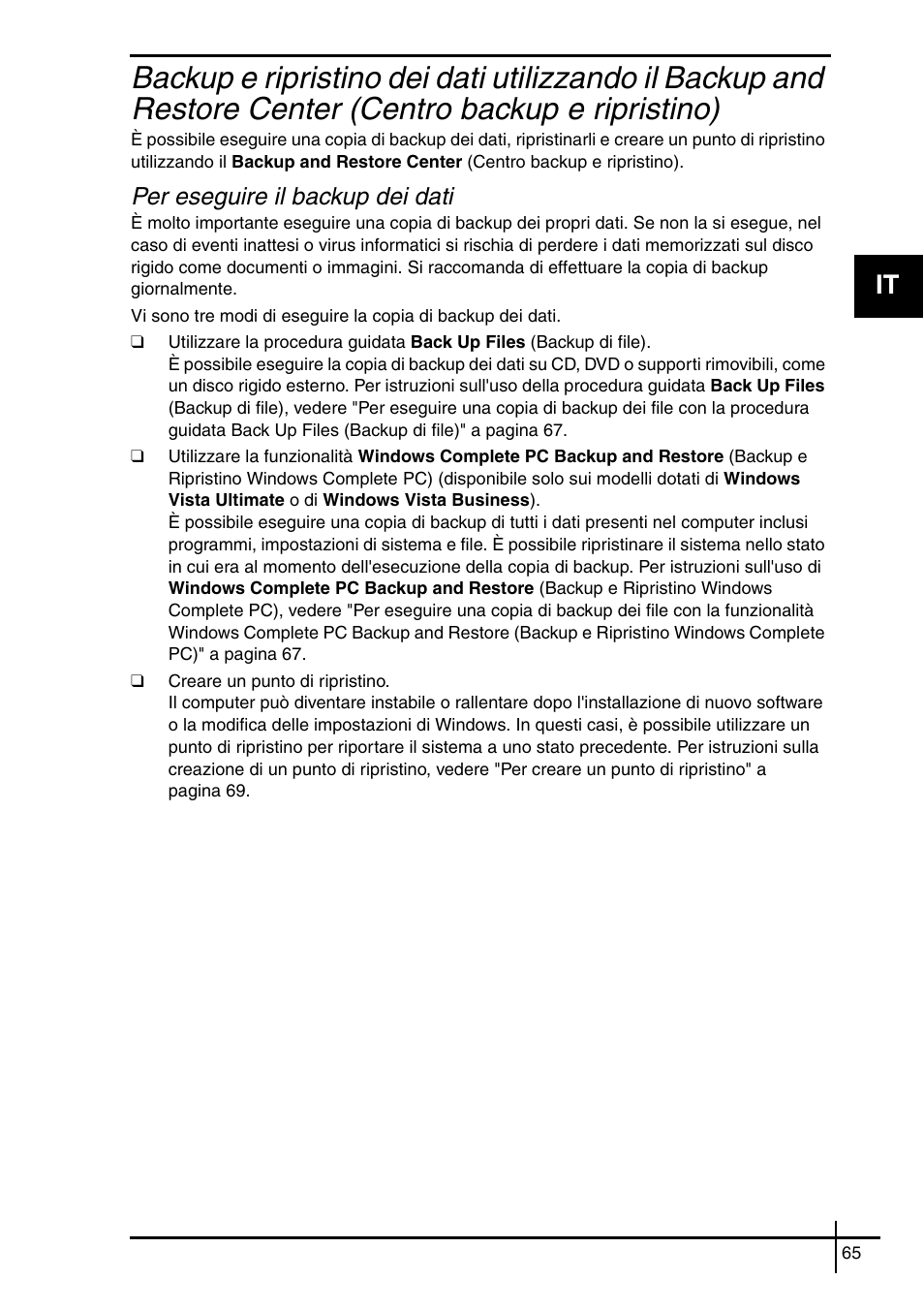 Per eseguire il backup dei dati | Sony VGN-SZ5VWN User Manual | Page 67 / 88