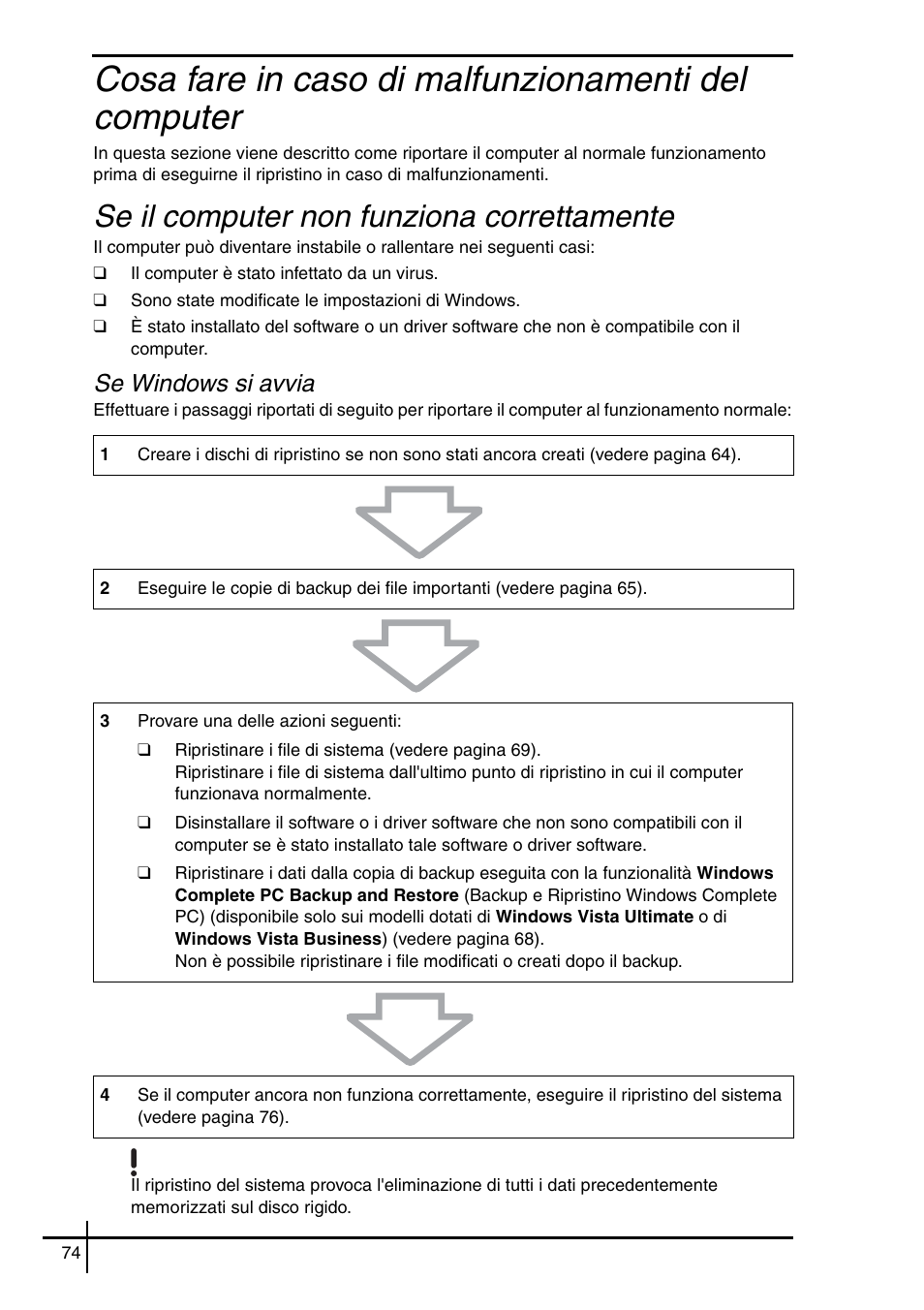 Cosa fare in caso di malfunzionamenti del computer, Se il computer non funziona correttamente, Se windows si avvia | Sony VGN-SZ5VWN User Manual | Page 76 / 88