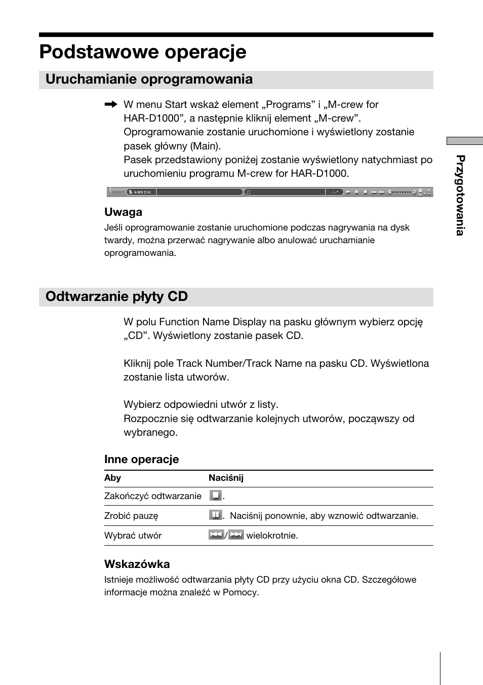 Podstawowe operacje, Uruchamianie oprogramowania, Odtwarzanie p.yty cd | Odtwarzanie płyty cd | Sony HAR-D1000 User Manual | Page 45 / 52