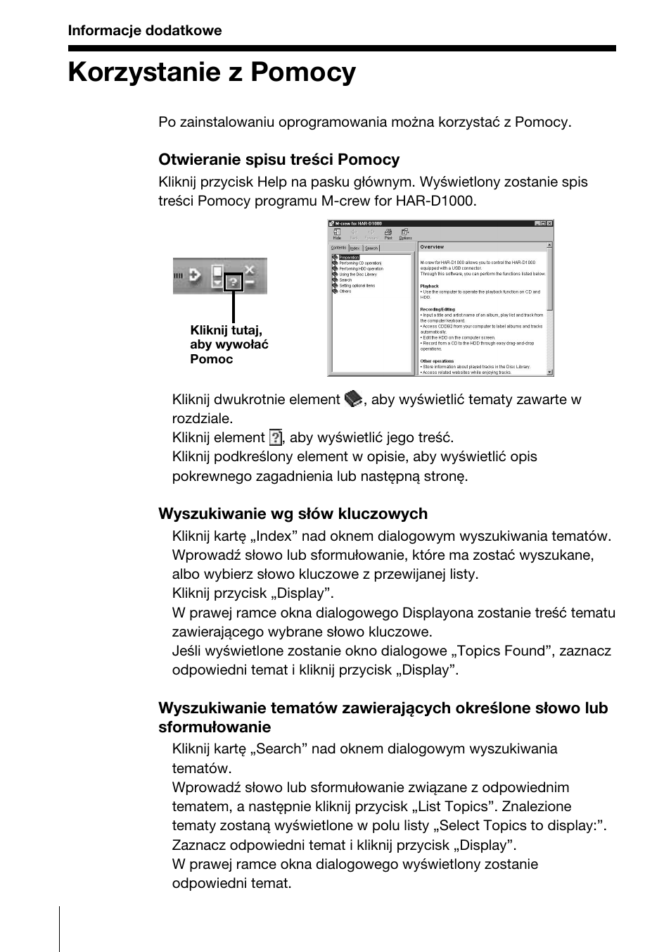 Informacje dodatkowe, Korzystanie z pomocy | Sony HAR-D1000 User Manual | Page 48 / 52