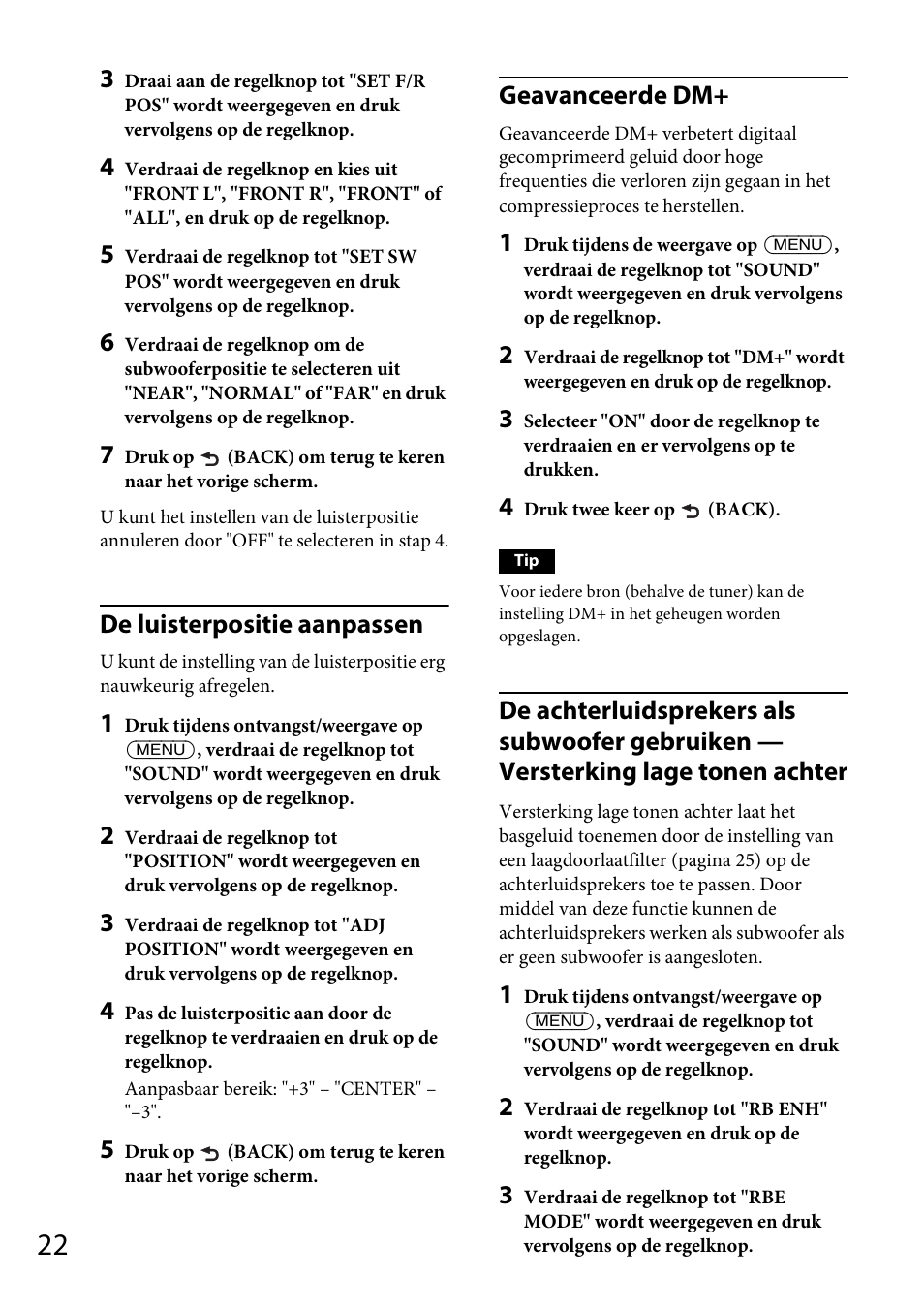 De luisterpositie aanpassen, Geavanceerde dm | Sony CDX-GS500R User Manual | Page 148 / 160