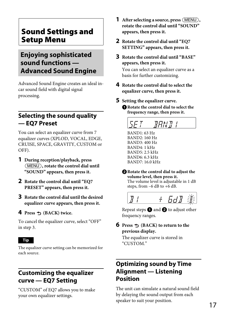 Sound settings and setup menu, Selecting the sound quality — eq7 preset, Customizing the equalizer curve — eq7 setting | Sony CDX-GS500R User Manual | Page 17 / 160